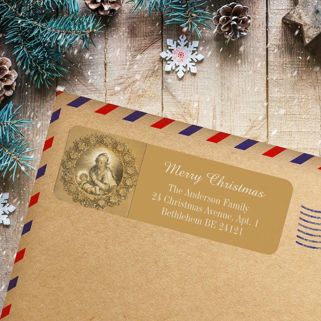 Guld Elegant Religiösa God jul Nativitet Returadress Etikett (Gold Elegant Religious Christian Catholic Merry Christmas Nativity Holiday Return Address Labels)