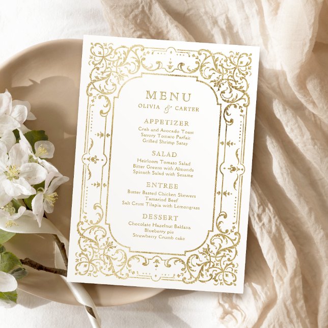 Guld elegant romantisk ornat vintage bröllop meny (Gold elegant romantic ornate vintage wedding menu)