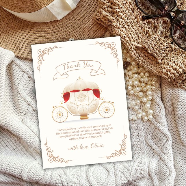 Guld Elegant Sagovagn Baby Shower Tack Kort (Gold Elegant Fairytale Carriage Baby Shower Thank You Card)