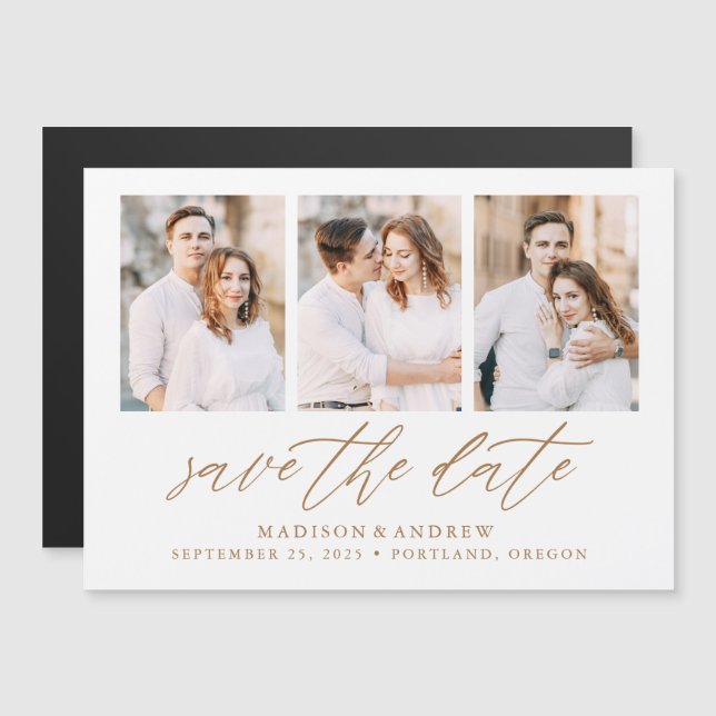 Guld Elegant Script 3 Foto Collage Spara Datum Magnetisk Inbjudningskort (Fram/baksida)