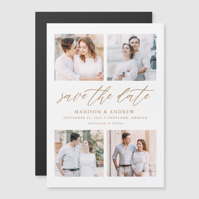Guld Elegant Script 4 Fotokollage Spara datum Magnetisk Inbjudningskort (Fram/baksida)