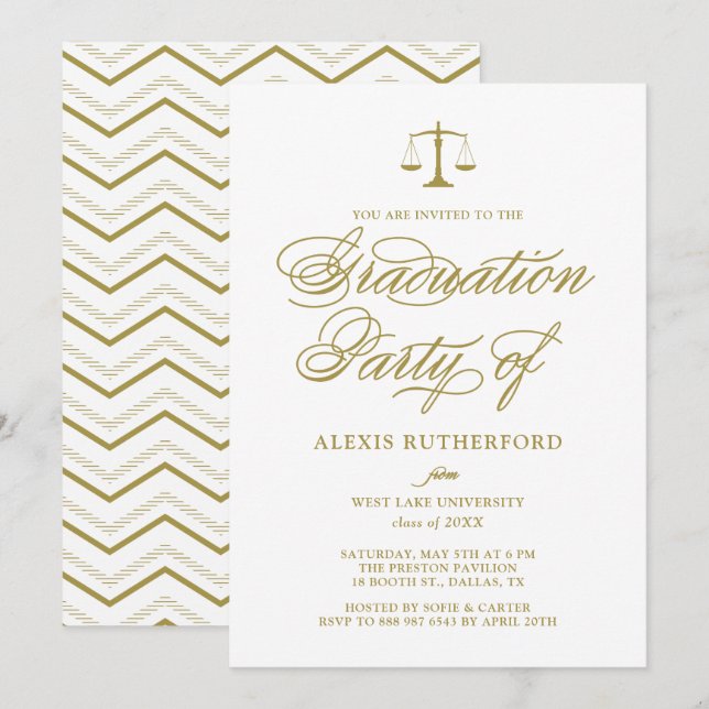 Guld Elegant Script Law School Studenten Inbjudningar (Fram/baksida)