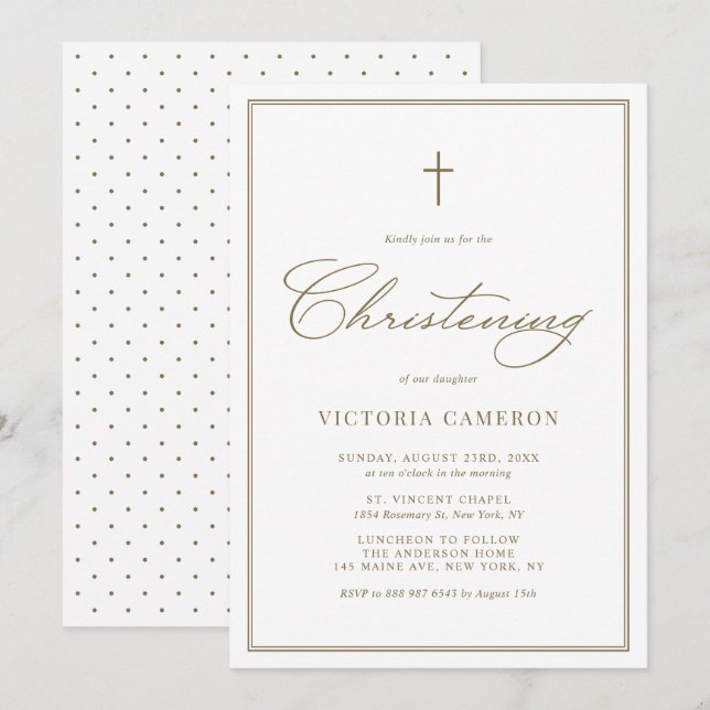 Guld Elegant Script Minimalist Christening Inbjudningar (Fram/baksida)