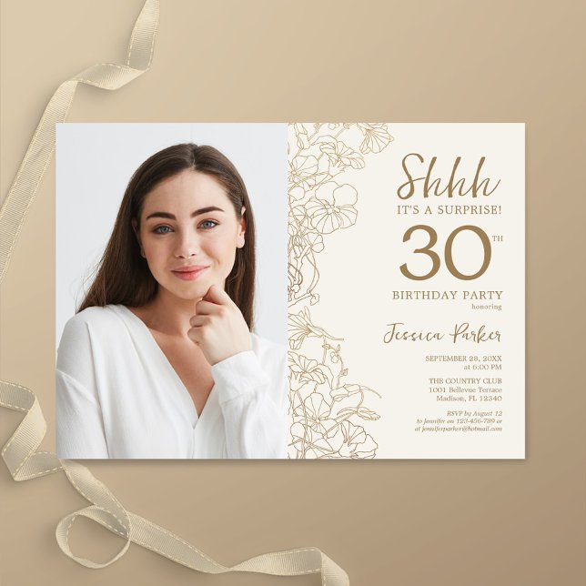Guld Elegant Surprise Photo 30års födelsedag Inbjudningar (Skapare uppladdad)