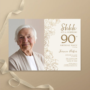 Guld Elegant Surprise Photo 90:e Birthday Inbjudningar