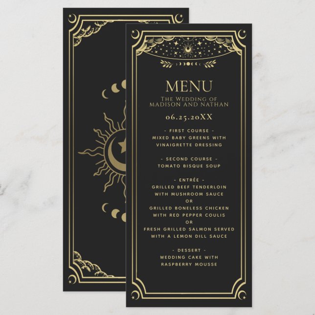 Guld Elegant Tarot Card Bröllop Meny (Fram/baksida)