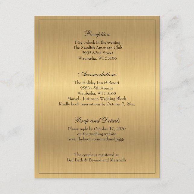 Guld Elegant - traditionell bröllopsmottagning Tilläggskort (Framsida)