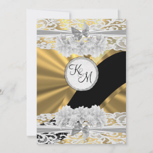 Guld elegant, vit snöre monogram bröllop inbjudningar