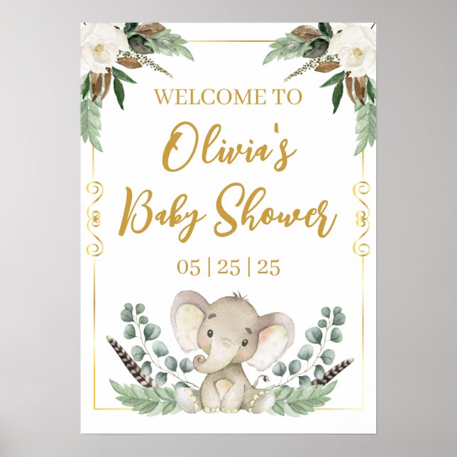 Guld Elephant Baby Shower Poster (Framsidan)