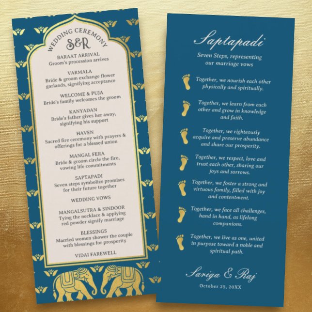 Guld Elephant Indian & Hindu Bröllopsprogram Card Program (Hindu wedding program, Indian wedding program, Saptapadi seven steps, elephant lotus flower mundap)