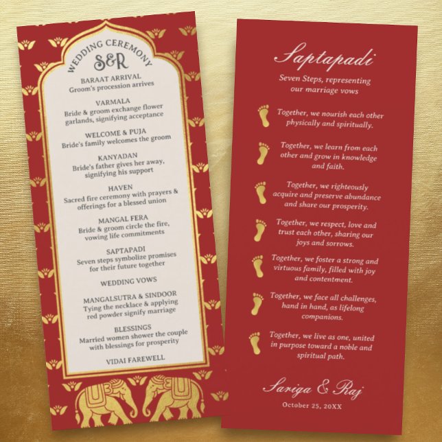 Guld Elephant Indian & Hindu Bröllopsprogram Card Program (Hindu wedding program, Indian wedding program, Saptapadi seven steps, elephant lotus flower mundap)