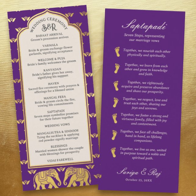 Guld Elephant Indian & Hindu Bröllopsprogram Card Program (Hindu wedding program, Indian wedding program, Saptapadi seven steps, elephant lotus flower mundap)
