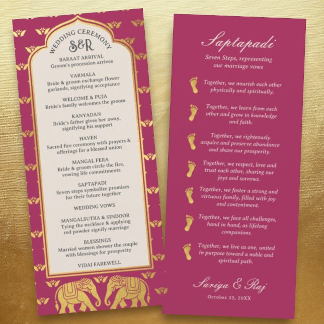 Guld Elephant Indian & Hindu Bröllopsprogram Card Program (Hindu wedding program, Indian wedding program, Saptapadi seven steps, elephant lotus flower mundap)