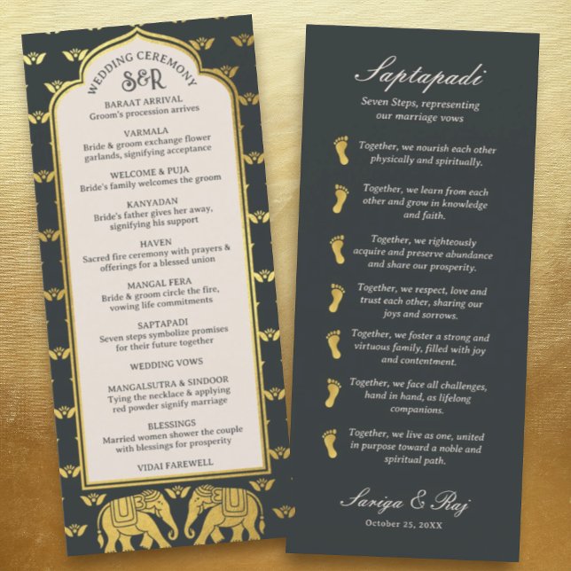 Guld Elephant Indian & Hindu Bröllopsprogram Card Program (Hindu wedding program, Indian wedding program, Saptapadi seven steps, elephant lotus flower mundap)