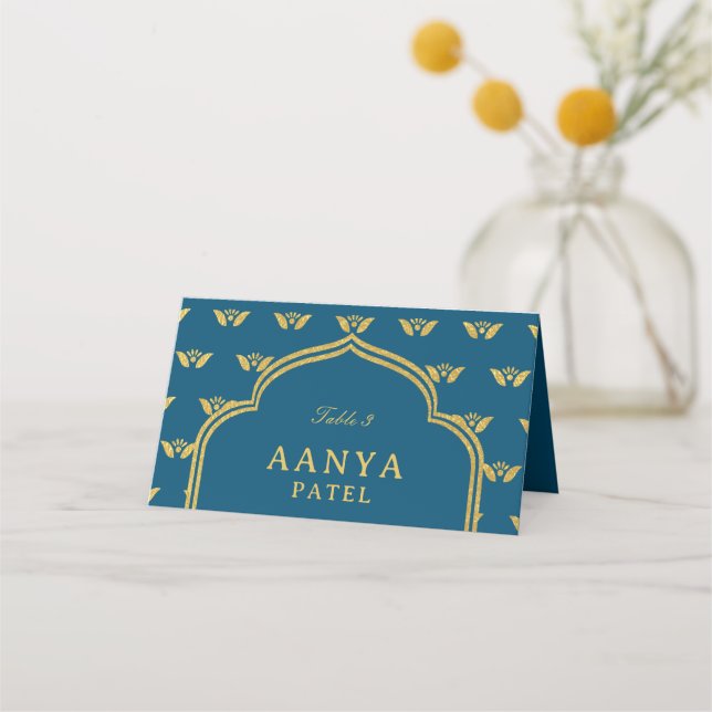 Guld Elephant & Lotus Flower Bröllop Escort Namn Placeringskort (Framsida)