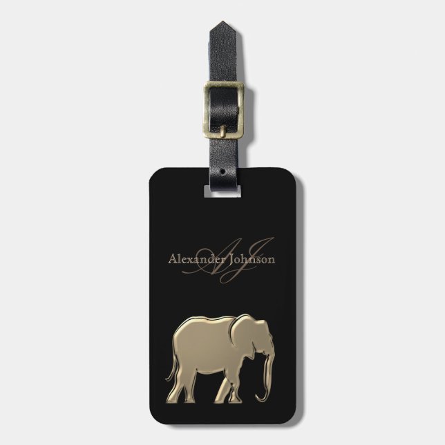 Guld Elephant Monogrammed Chic Black Bagagebricka (Vertikal Framsida)