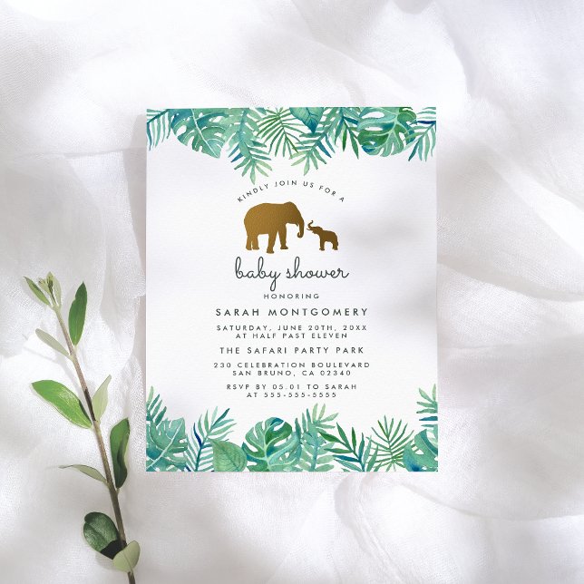 Guld Elephant & Tropical Löv Jungle Baby Shower Inbjudan Vykort (Skapare uppladdad)