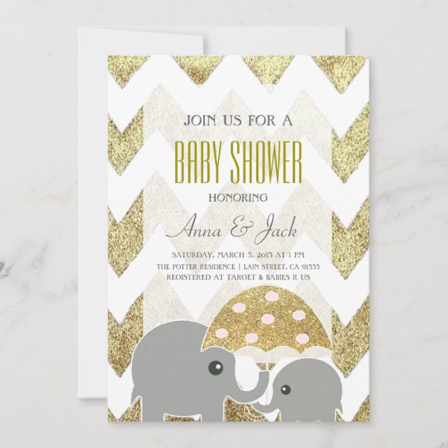 Guld Elephant Umbrella Baby Shower Party Inbjudan (Framsida)