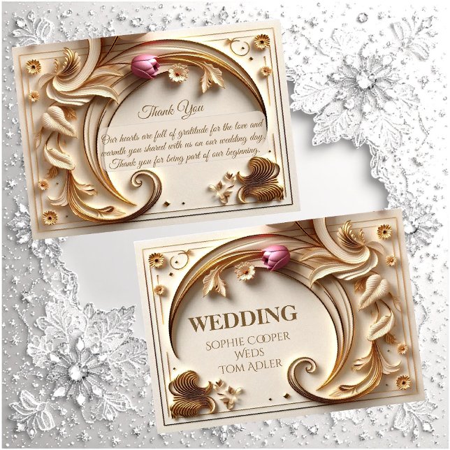 Guld Elfenbens Barock Asymmetrisk Halvmåne Bröllop Tack Kort (Golden Ivory Baroque Asymmetric Crescent Wedding Thank You Card)