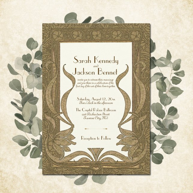 Guld Elfenbenskusten Art nouveau Elegant bröllop Inbjudningar (This luxurious Art Nouveau design adds the perfect touch of class to these unique wedding invites.)
