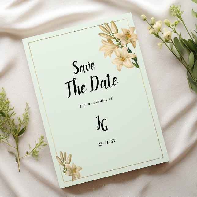 Guld elfenbensmärtblomma i grönten Ljusblomma Spar Inbjudningar (Gold ivory mint green lily flower Save The Date)