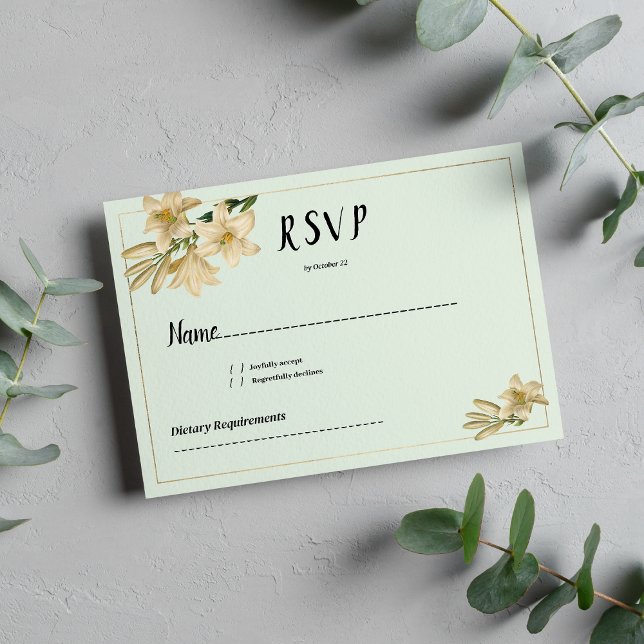 Guld elfenbensmynta, vit grönt, OSA av vit lök Inbjudningar (Gold ivory mint green white lily flower RSVP)