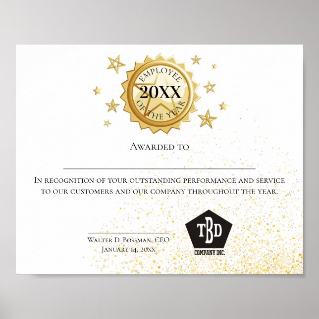 Guld emblem-anställd för årscertifikatet poster (Framsidan)