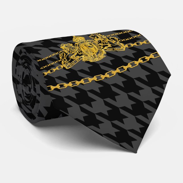 Guld Emblem chain Trim Black Grått Houndstooth Slips (Rullad)