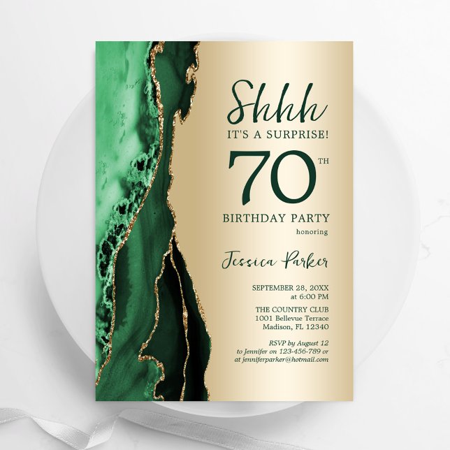 Guld Emerald Grönt Agate Surprise 70 Birthday Inbjudningar (Skapare uppladdad)