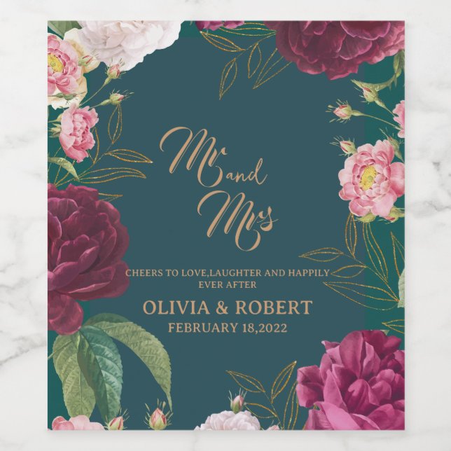 Guld & Emerald Grönt Blommigt Bröllop Vinflaska Etikett (Singel etikett)