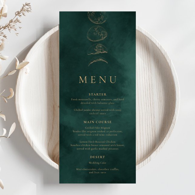 Guld & Emerald Grönt Celestial Bröllop Dinner Menu Meny (Skapare uppladdad)