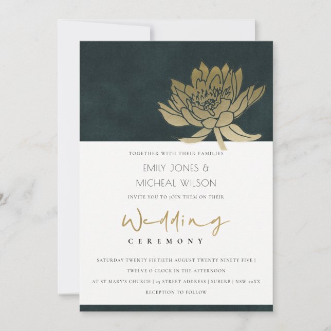 GULD EMERALD GRÖNT LOTUS BLOMMIGT WEDDING INVITE TACK KORT (Framsida)