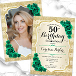 Guld Emerald Grönt Photo 50:e födelsedagen Inbjudningar<br><div class="desc">Femininininbjudan till elegantens blommigt på 50 års födelsedag med ditt foto på baksidan av kortet. Glam-design med faux glitter guld. Funktioner i guld rand, emerald grönt ro, skriptteckensnitt och konetti. Perfekt för en snyggt vuxen under firande party. Anpassa med dina egna detaljer. Kan anpassas för vilken ålder som helst! Skrivna...</div>