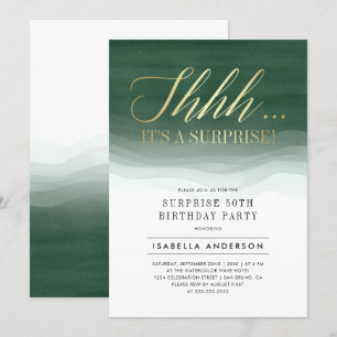 Guld & Emerald Grönt Watercolor Surprise Birthday Inbjudningar