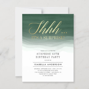 Guld & Emerald Grönt Watercolor Surprise Birthday Magnetisk Inbjudningskort