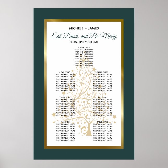 Guld Emerald Winter Wedding Seding Chart Poster (Framsidan)