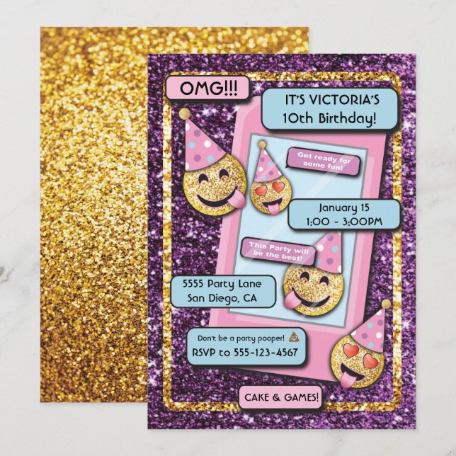 Guld Emoji Födelsedagsfest Cell Mobil text Inbjudningar (Fram/baksida)