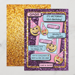 Guld Emoji Födelsedagsfest Cell Mobil text Inbjudningar