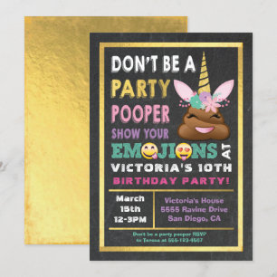 Guld Emoji Party Pooper Unicorn Birthay-inbjudan Inbjudningar