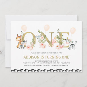 Guld En Blommigt Boskap 1:a födelsedag Inbjudningar