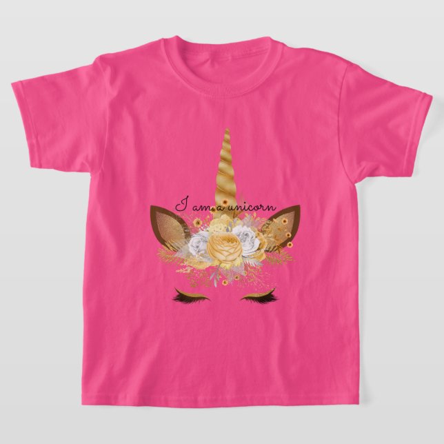 Guld Enhörning Blommig T Shirt (Laydown)