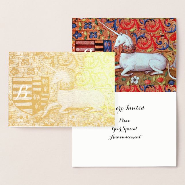 GULD ENHÖRNING RÖD BLÅ BLOMSTER HÖGTIDS- MONOGRAM FOLIERAT KORT (Display)