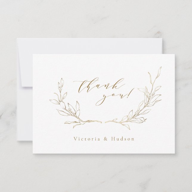 Guld, enkel botanisk krans bröllop tack kort (Framsida)