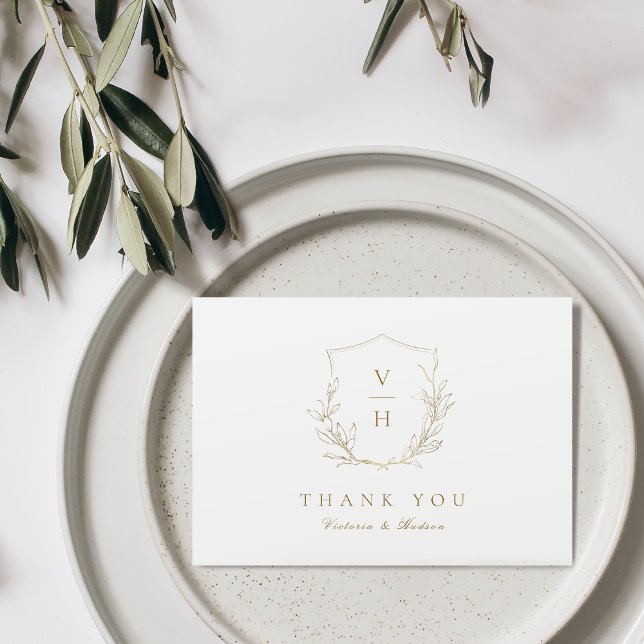 Guld enkel botanisk kröningsmonogram vigsel tack kort (Gold simple botanical crest monogram wedding thank you card)