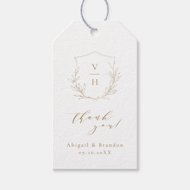 Guld enkel botanisk vapen monogram bröllop presentetikett (Framsidan)