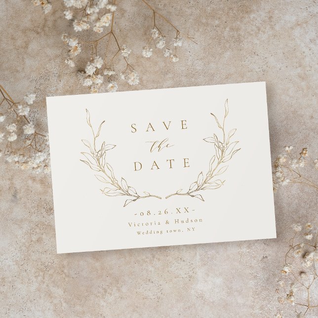 Guld enkel elegans botaniska blad bröllop Svå Spara Datumet (Gold simple elegance botanical leaves wedding Save The Date)