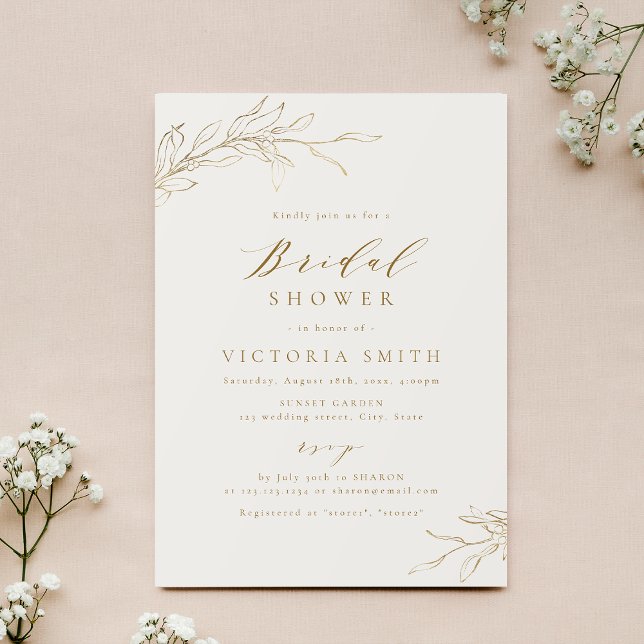 Guld enkel elegant botanisk rustik bröllopsdusch inbjudningar (Gold simple elegant botanical rustic bridal shower invitation)