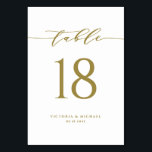 Guld enkel minimal skript Bröllop Bordsnummer<br><div class="desc">Lägg till en guld-och vit elegant-accent i din händelse med de här bordsnummer-korten för anpassadet. Den har ett enkelt kalligrafiskt skript och klassisk typografi i guld. Anpassa genom att lägga till namn,  data och bordsnummer. Det här enkla manuskortet är perfekt för bröllop,  möhippor,  babyduschar och så mycket mer.</div>