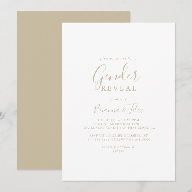 Guld enkel minimalistisk Gender Visa Party Inbjudningar (Fram/baksida)