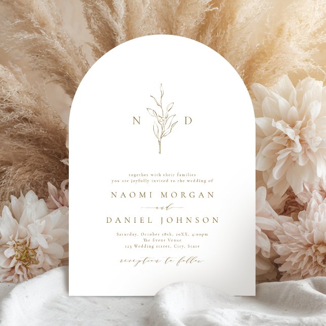 Guld, enkelt botaniskt monogram, rustik bröllop inbjudningar (Gold simple botanical monogram rustic wedding invitation)